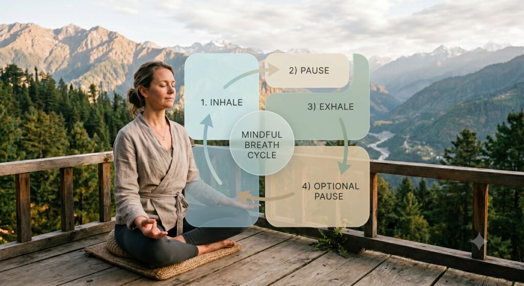 Diagram of the breath cycle showing inhalation, breath retention, exhalation, and gentle external breath hold in pranayama