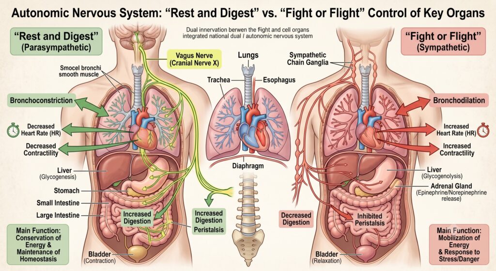 Illustration of lungs, heart, and vagus nerve showing how breath retention pranayama influences the autonomic nervous system