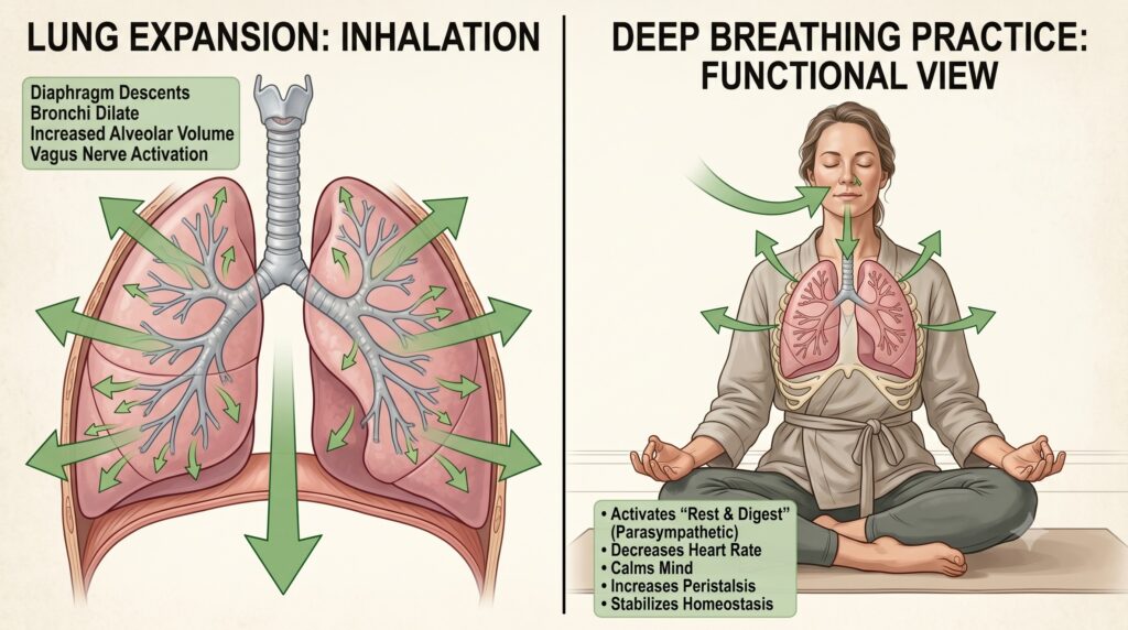 Graphic of expanding lungs next to a person practicing deep yogic breathing to improve lung capacity with pranayama