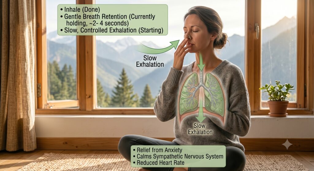 Person taking a mindful breathing pause to relieve anxiety using gentle breath retention and slow exhalation