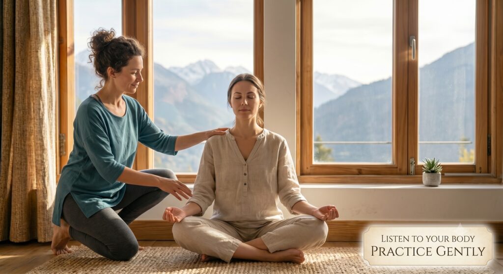 Yoga teacher gently guiding a student with a reminder to practice advanced breath retention pranayama safely