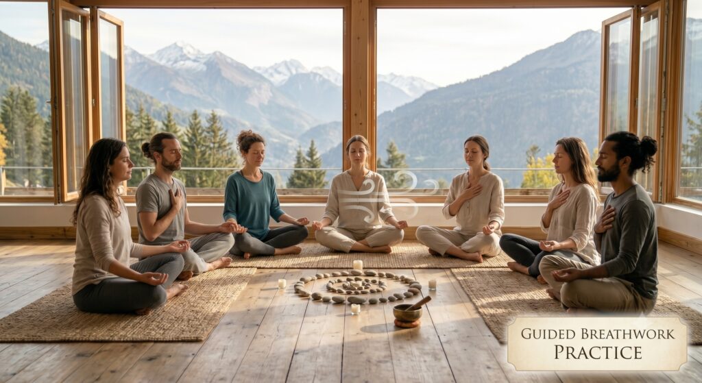 Small group practicing guided pranayama and gentle breath retention together in a wellness retreat setting