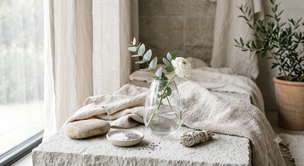 A refined wellness still life in soft neutral tones with linen, stone, and natural light, representing calm, balance, and intentional living.