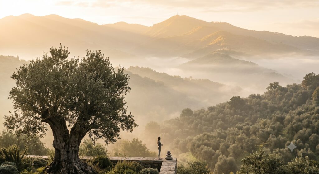 A serene mountain landscape at dawn with mist and soft golden light, suggesting renewal, spaciousness, and longevity.