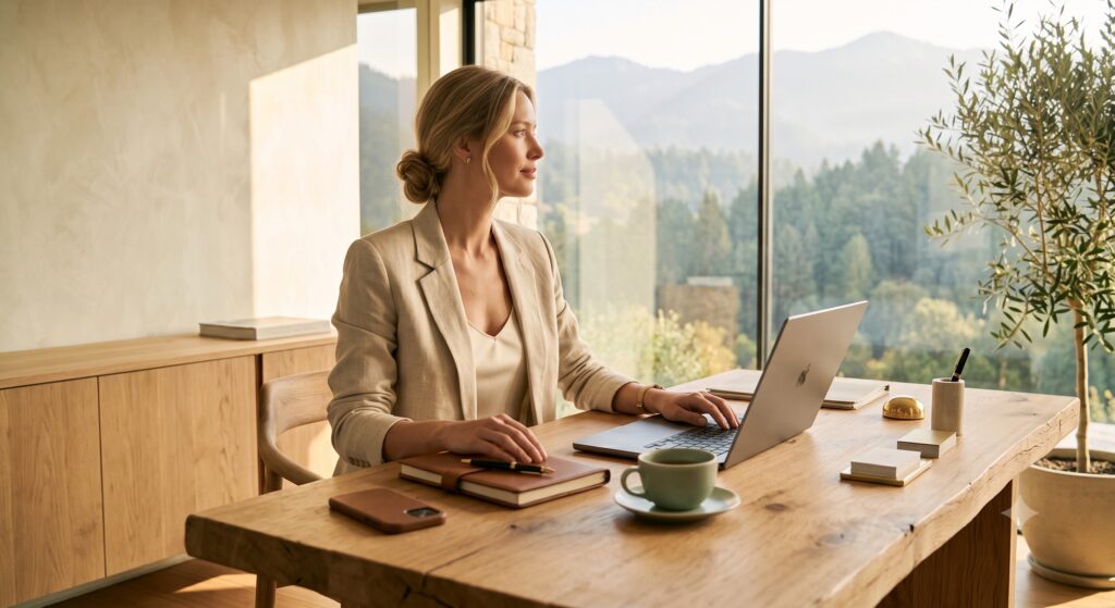 Confident wellness-focused professional working with calm focus, representing stable energy and refined productivity.
