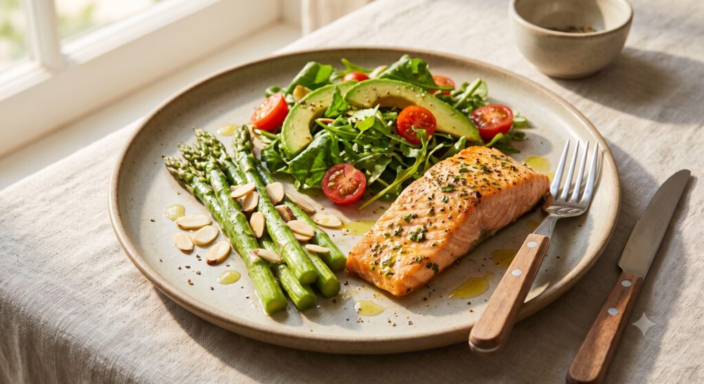 Elegant balanced meal showing protein, fiber, and healthy fats for blood sugar stability and longevity.