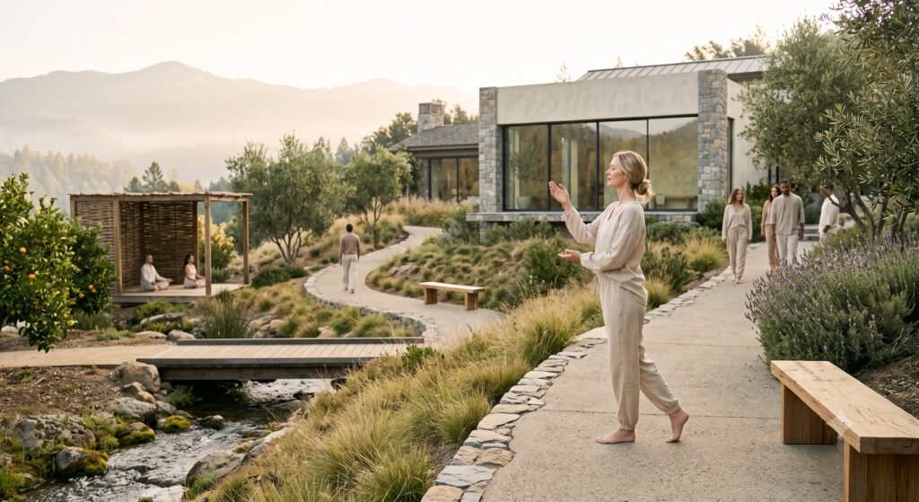Luxury wellness retreat setting with movement and breathwork supporting metabolic health and elegant living.