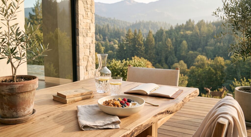 Quiet luxury wellness lifestyle with morning ritual elements, symbolizing refined health and stable energy.