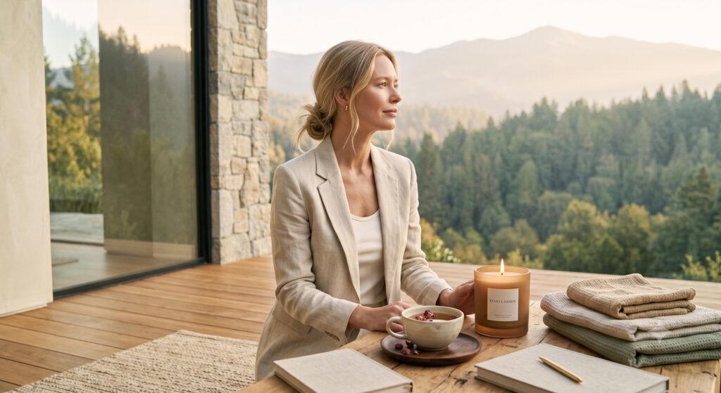 Premium editorial wellness scene with calm ritual elements representing the Prana Prive way of living.