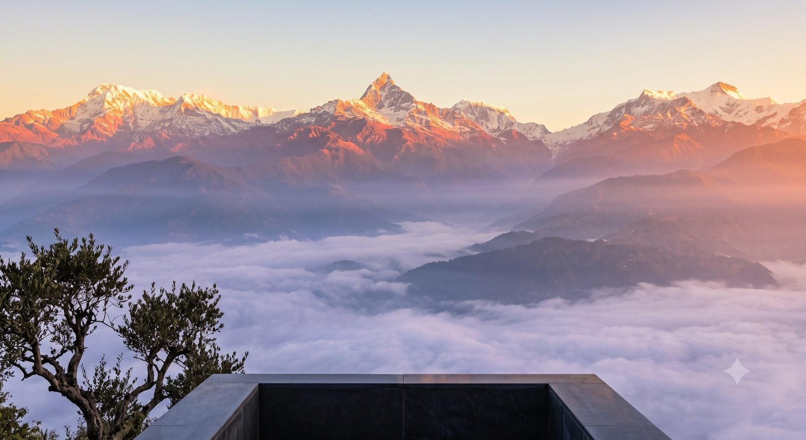 A serene mountain landscape at dawn with soft mist and warm golden light, representing longevity, restoration, and graceful aging.