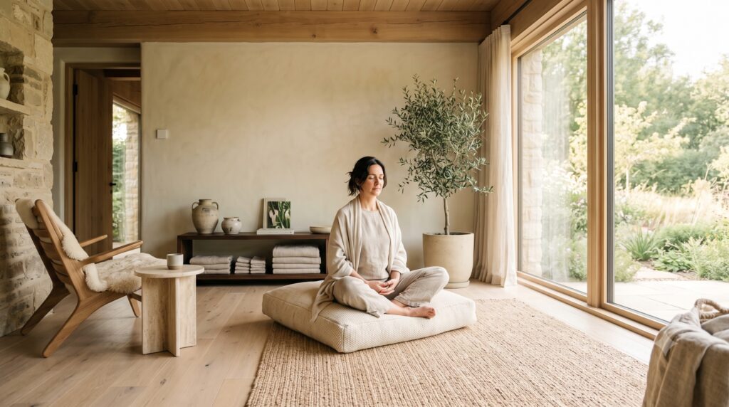 Nervous system coherence represented by calm, composed presence in a luxury wellness
