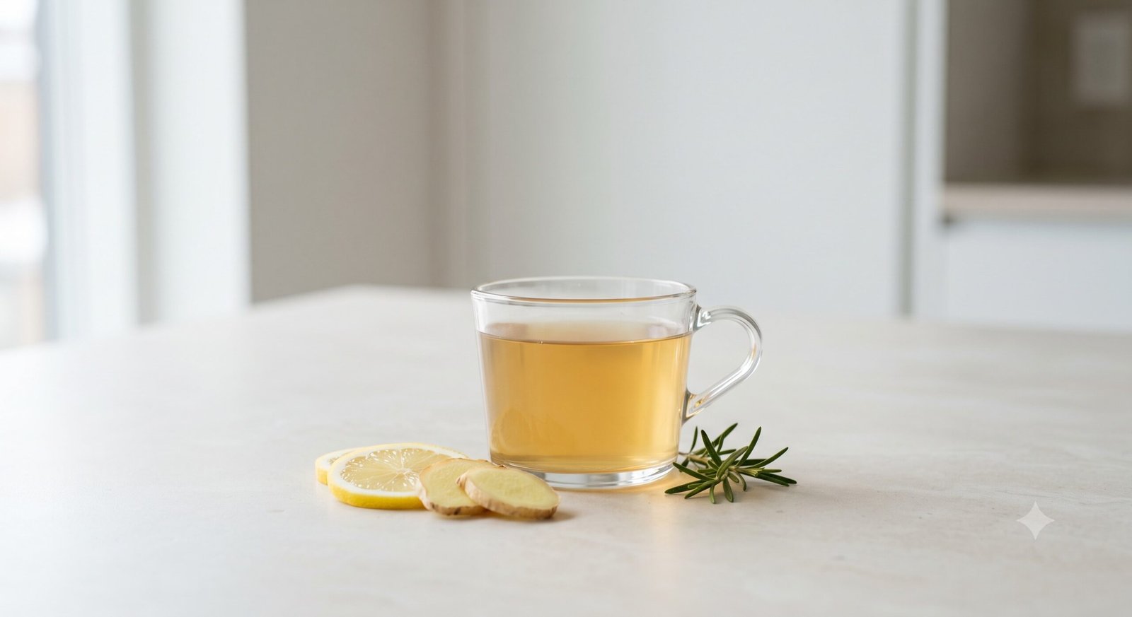 Light amber herbal tea in a minimalist cup with lemon, ginger, and rosemary on a clean neutral surface.