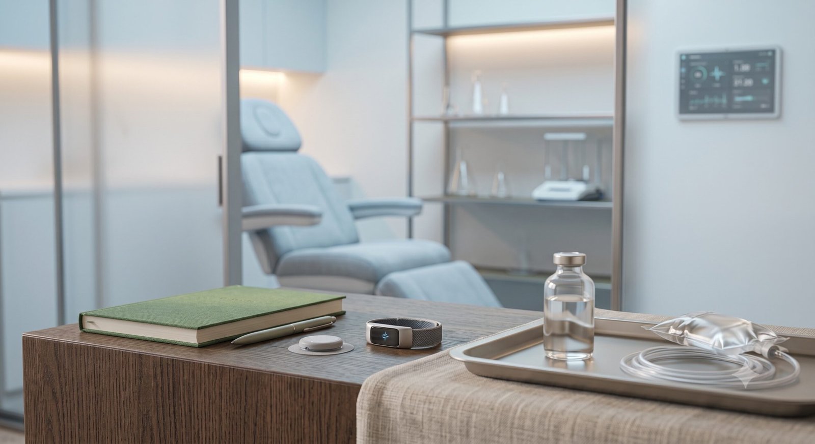 Softly lit treatment area with a tray holding an infusion bottle and glassware, suggesting advanced cellular and NAD+ support therapies in a calm, clinical setting.