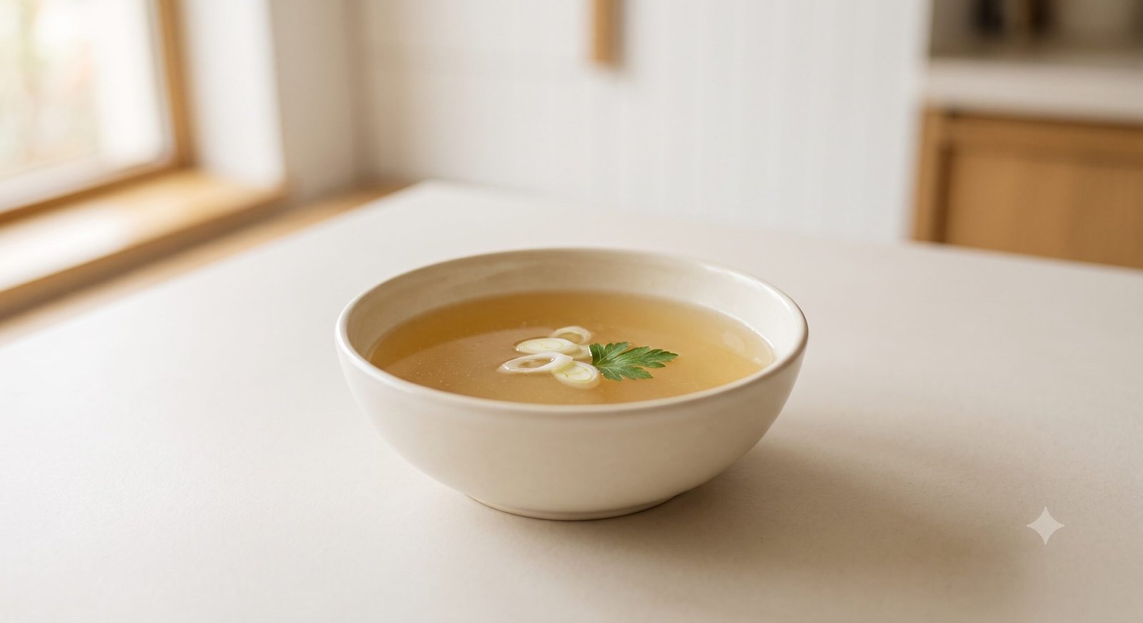 Clear light-golden vegetarian broth served in a minimalist ceramic cup with a simple herb garnish on a clean neutral surface.