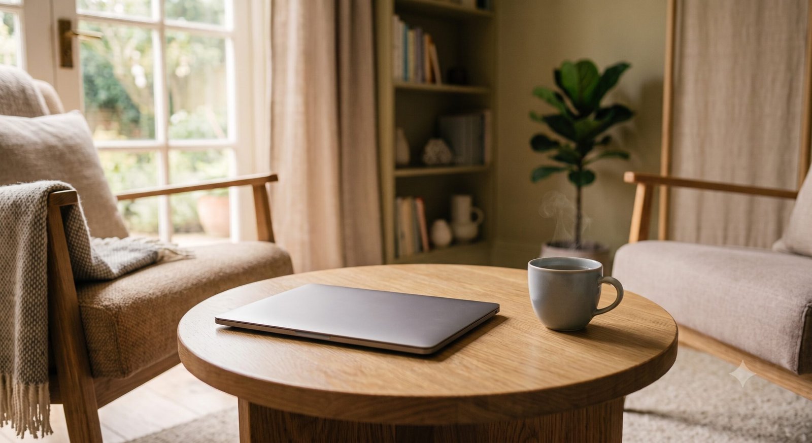 Format-and-timing Clean desk with a closed laptop or tablet and a cup of tea in a calm interior, suggesting flexible, secure consultation formats and timing.