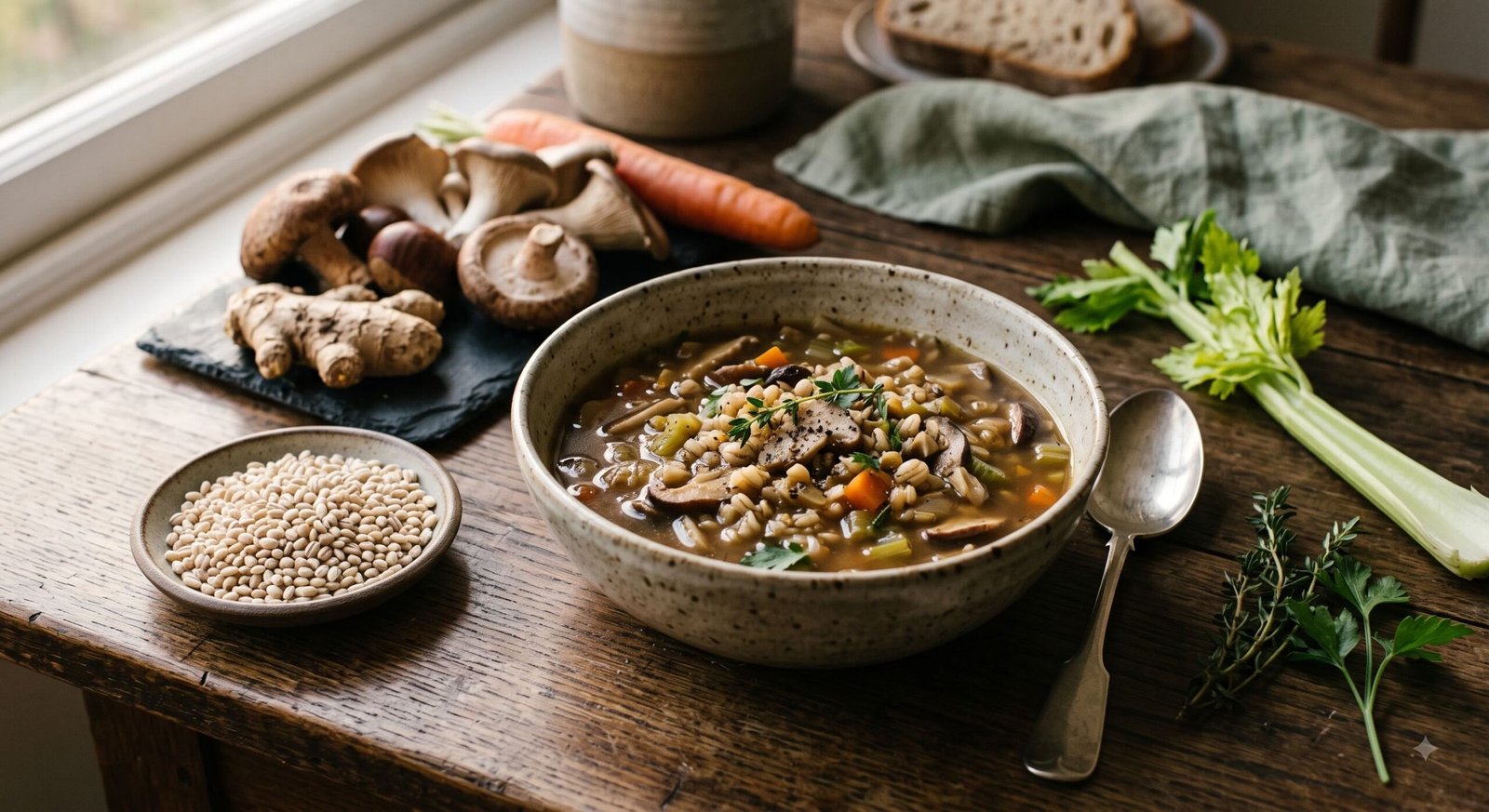 Ginger Mushroom Barley Comfort Soup