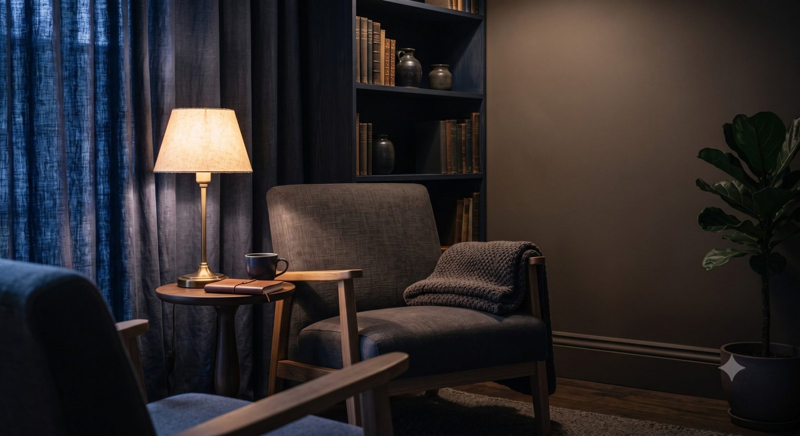 Privacy-and-discretion Comfortable chair in a softly lit corner with a folded blanket, evoking a safe, discreet and private environment for confidential consultations.