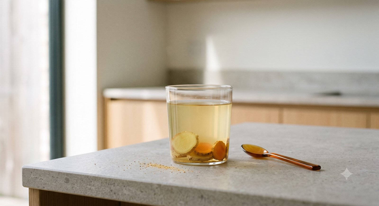 Pale golden daily tonic in a minimalist glass with ginger and turmeric slices on a clean neutral surface.
