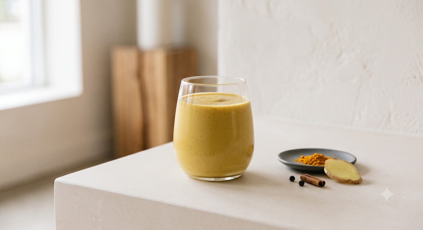 Golden turmeric almond smoothie in a clear glass on a clean neutral surface, styled with minimal spices in soft natural light.