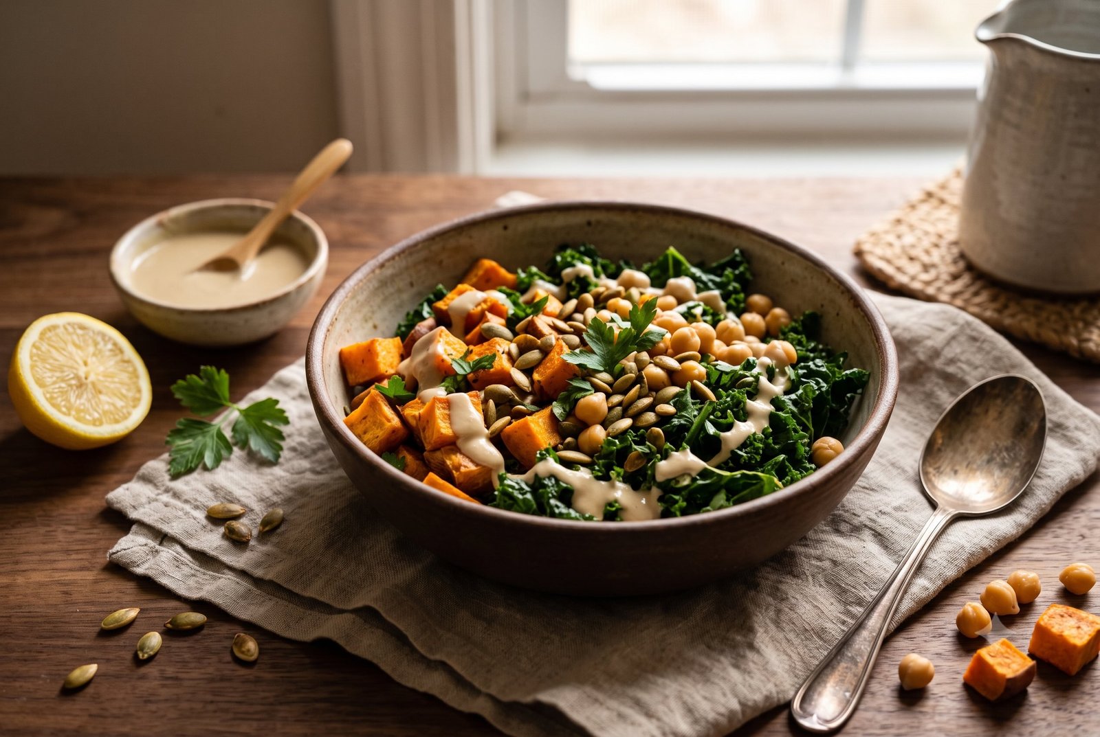Warm Sweet Potato Kale Pumpkin Seed Salad