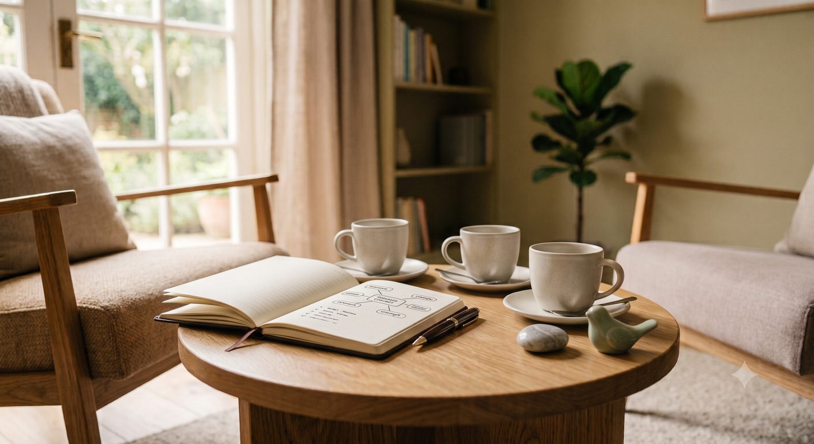 What-we-design-together Desk with an open notebook showing a simple diagram, a pen and a small token in thoughtful daylight, evoking the co-creation of a coherent wellness plan.