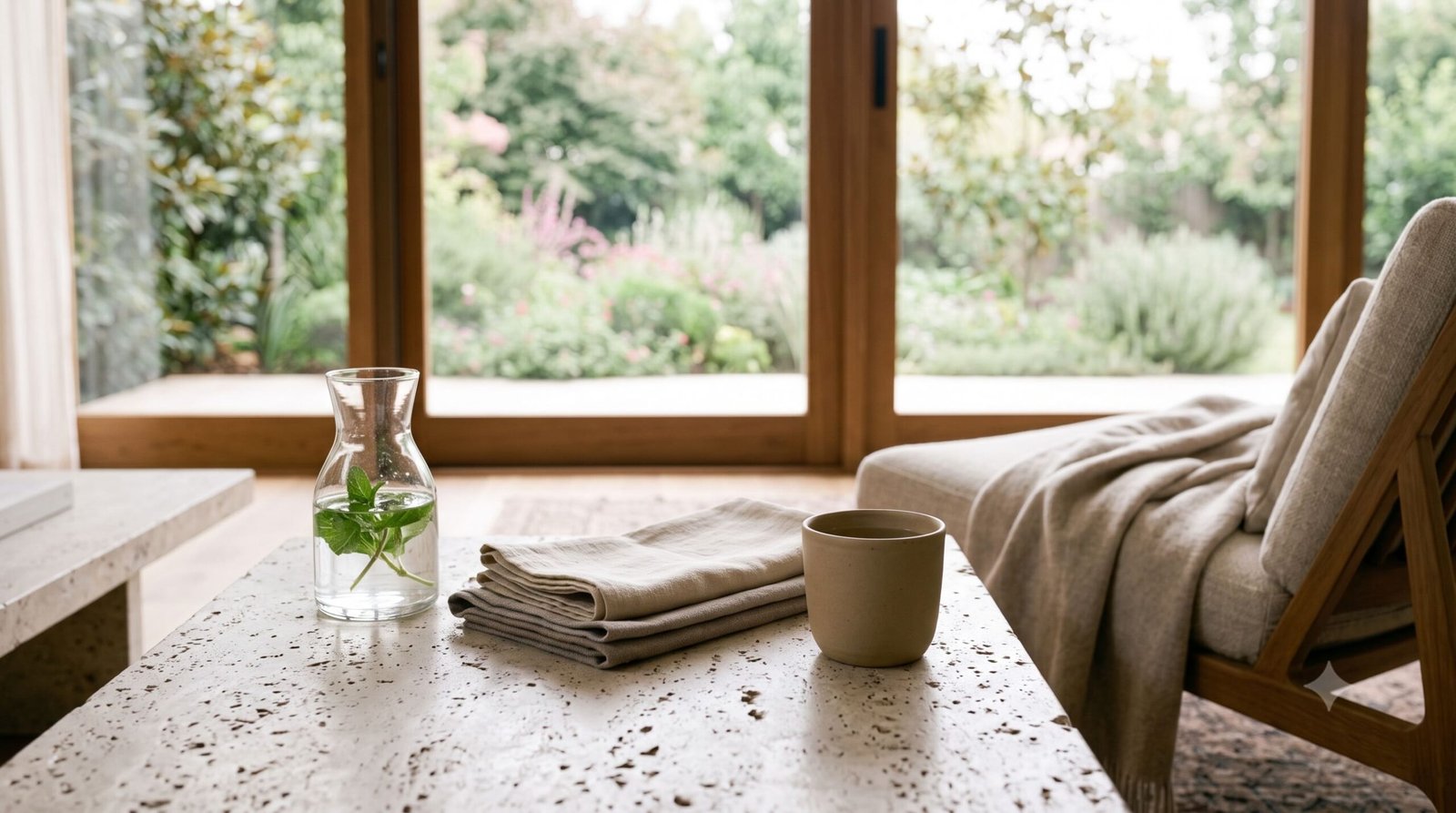 arrive Water, linen and a ceramic cup prepared in a calm private wellness lounge.