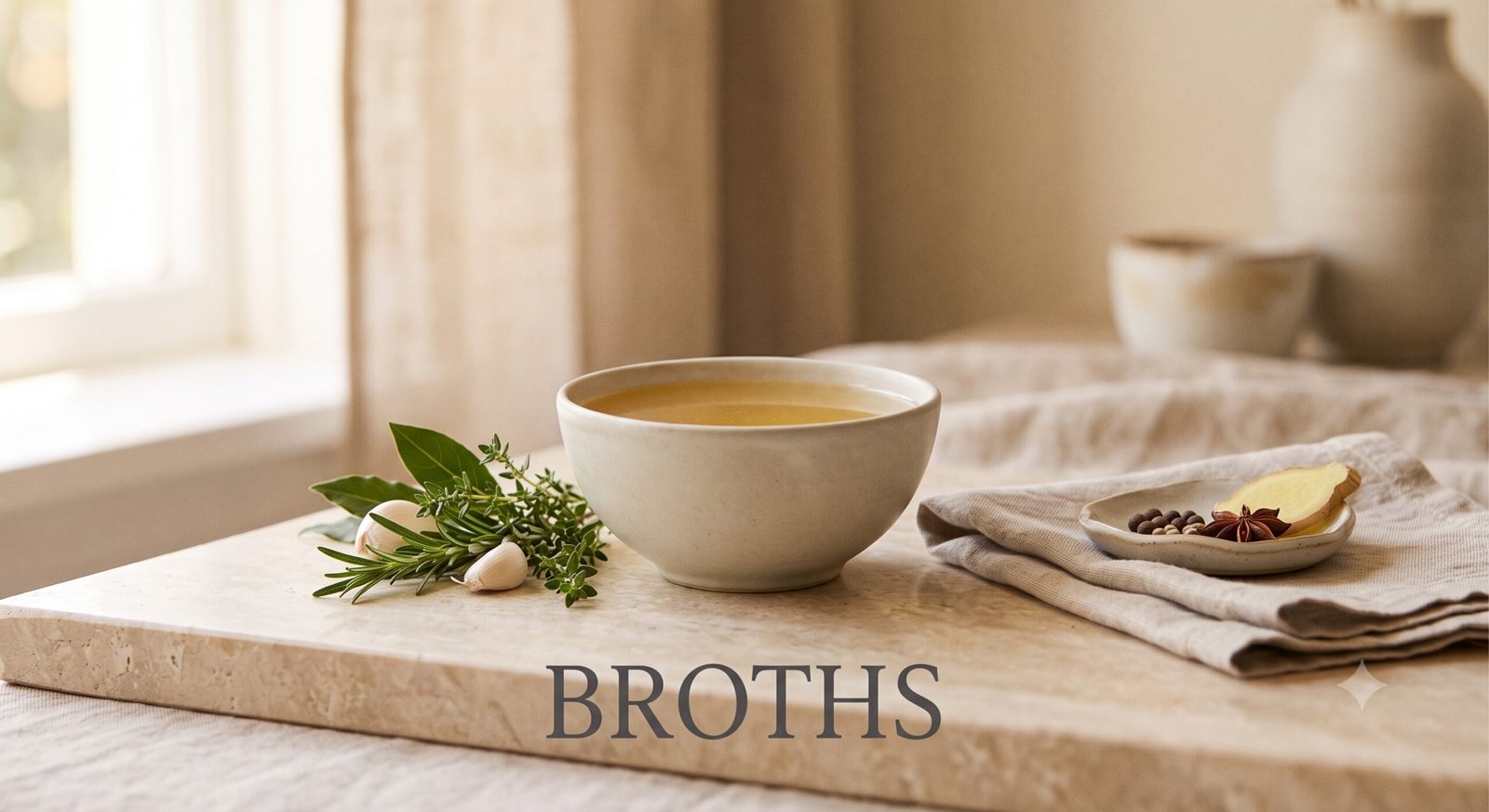 Ceramic cup of clear golden broth on a stone or wooden surface with a sprig of herbs nearby, and the word ‘Broths’ displayed in refined serif text at the bottom.