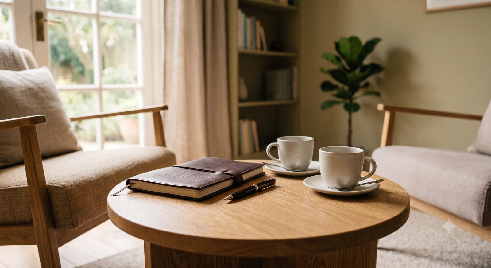 clear-starting-point Minimal tabletop with a closed notebook, pen and a glass in soft evening light, suggesting a clear, considered starting point for consultations.