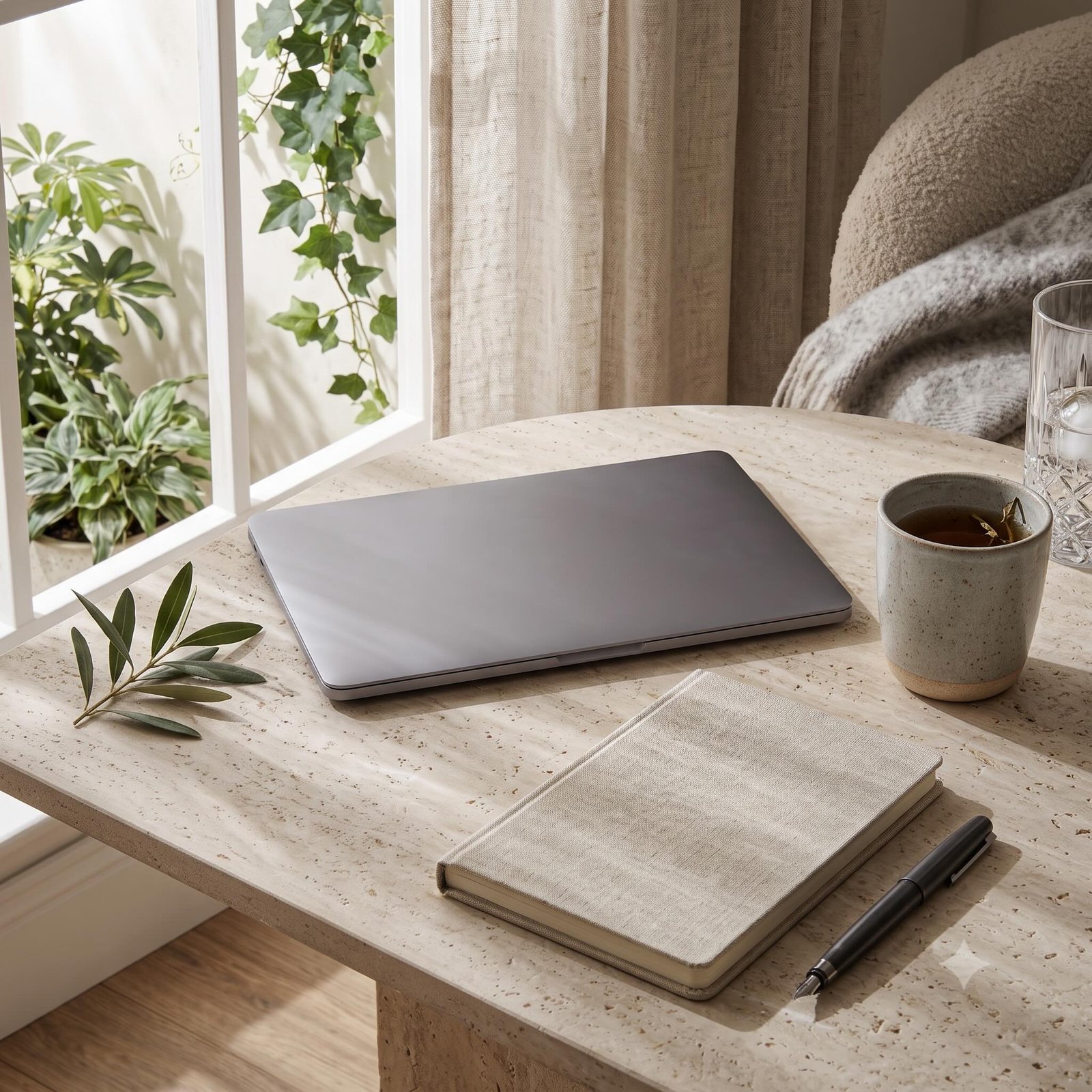 A notebook, tea, and closed laptop beside a bright window, representing continued wellbeing support and clear direction.