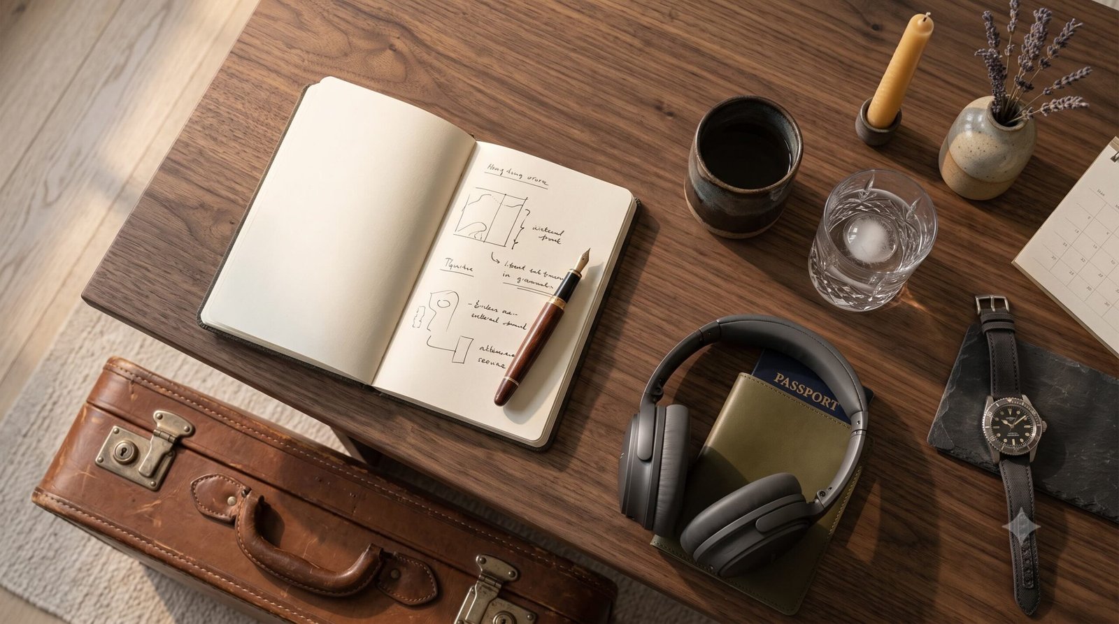 A neatly packed suitcase, notebook, and water in a softly lit hotel room, representing wellbeing support during demanding travel.