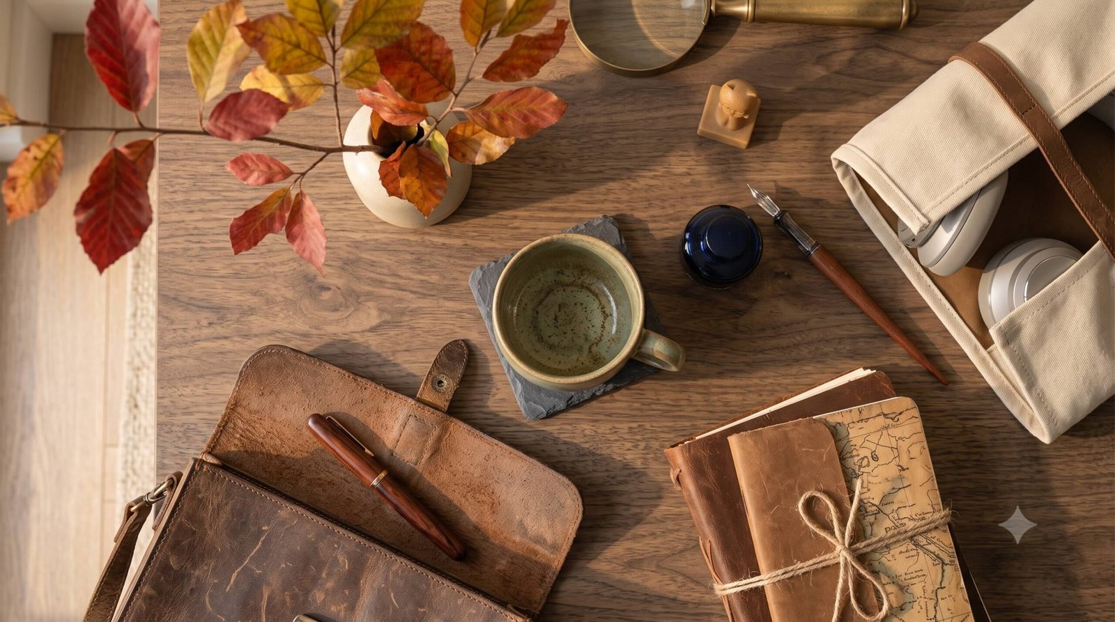 A notebook, pen, tea, water, and closed laptop on a sunlit desk, representing a calm monthly rhythm of private wellbeing guidance.