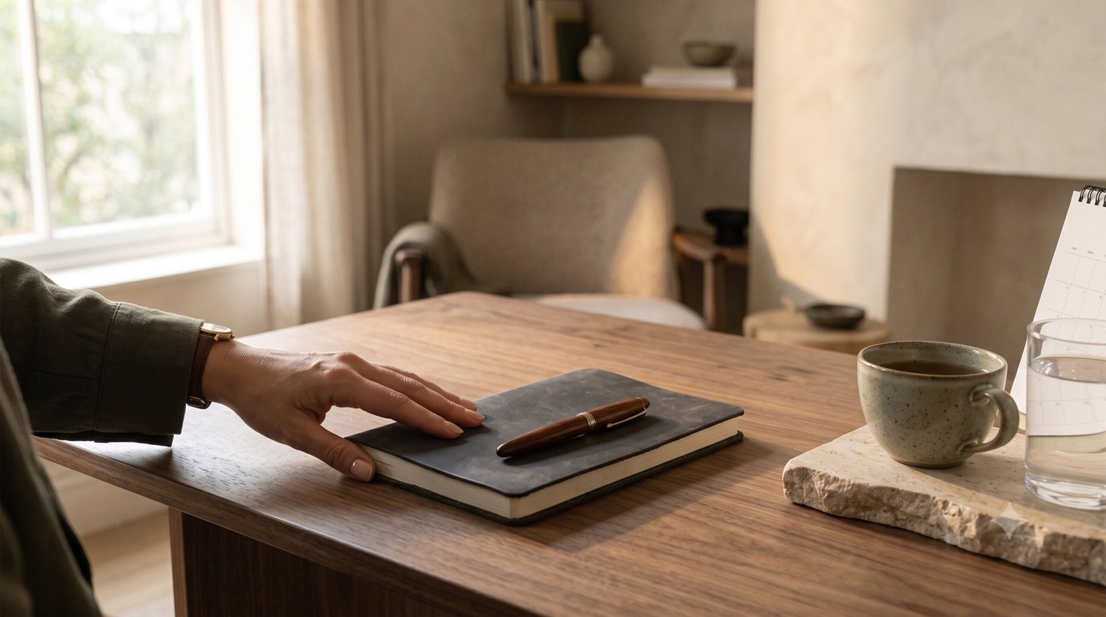 A refined private planning table with a notebook, pen, tea, and a hand in soft afternoon light, representing ongoing wellbeing guidance.