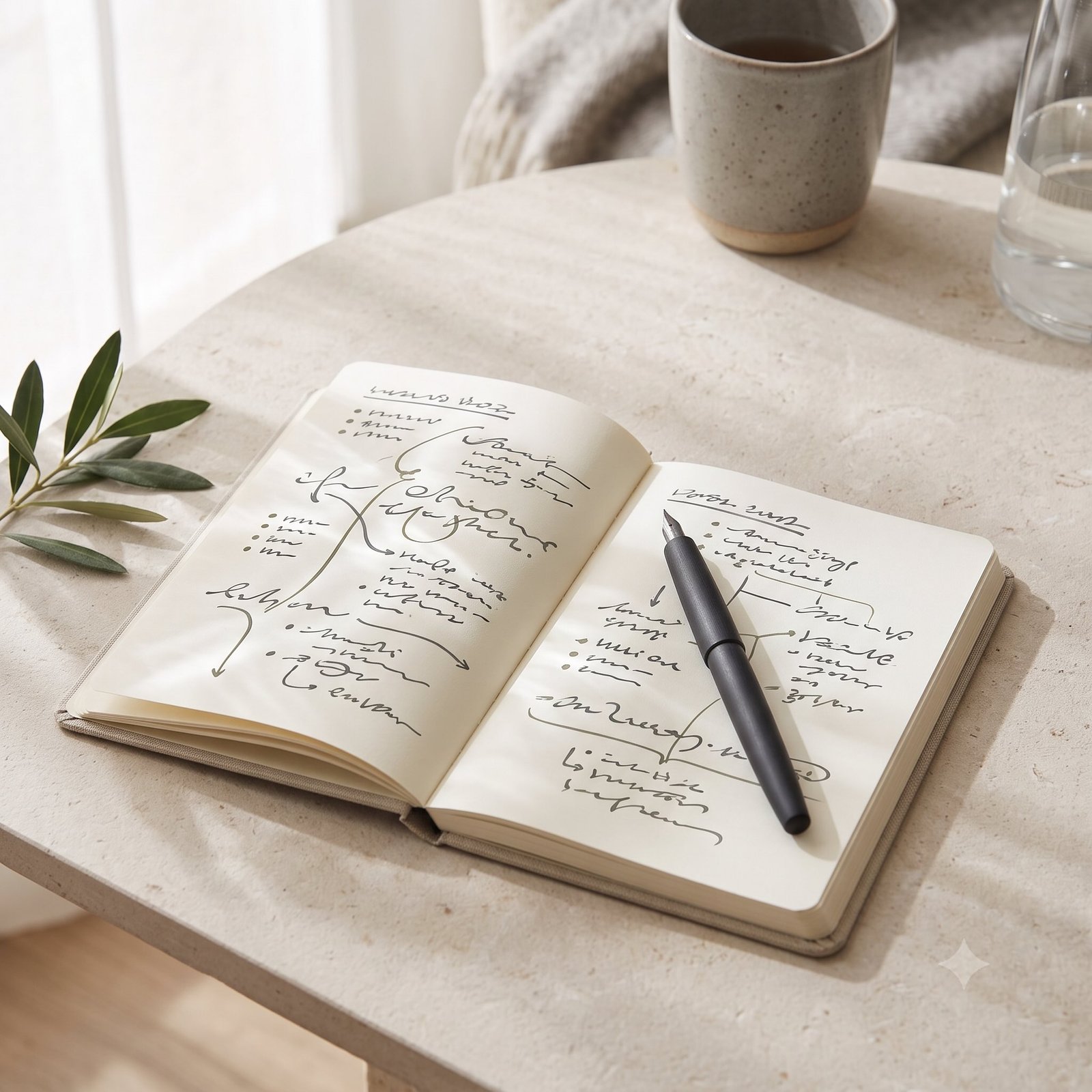 A pen and open notebook in natural light with a green leaf nearby, representing thoughtful refinement of wellbeing routines.