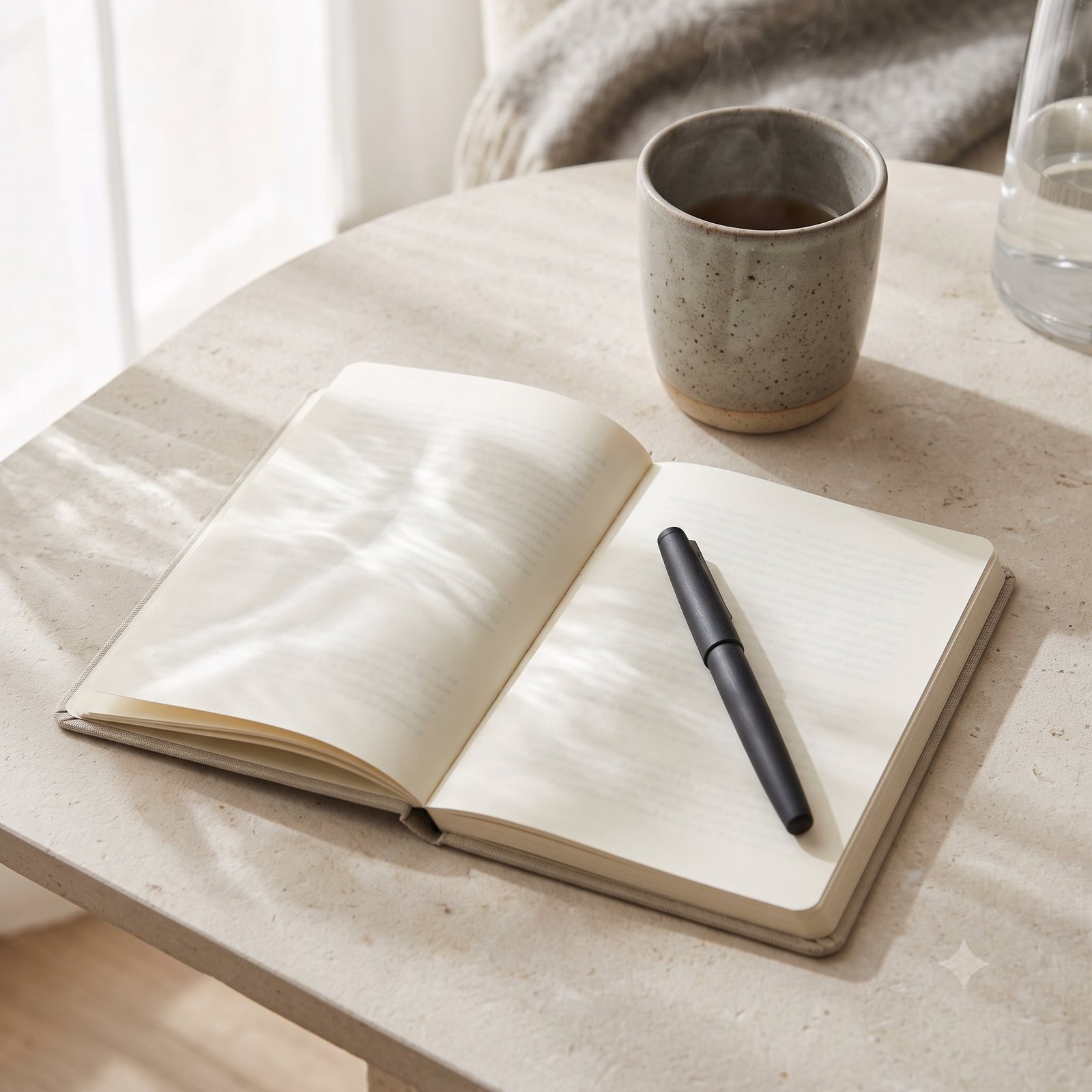 An open notebook, pen, and tea in soft natural light, representing a private monthly wellbeing review.