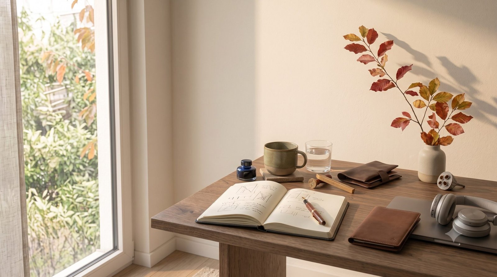 A notebook, tea, water, closed laptop, and subtle travel items on a sunlit desk, representing ongoing wellbeing support through changing routines.