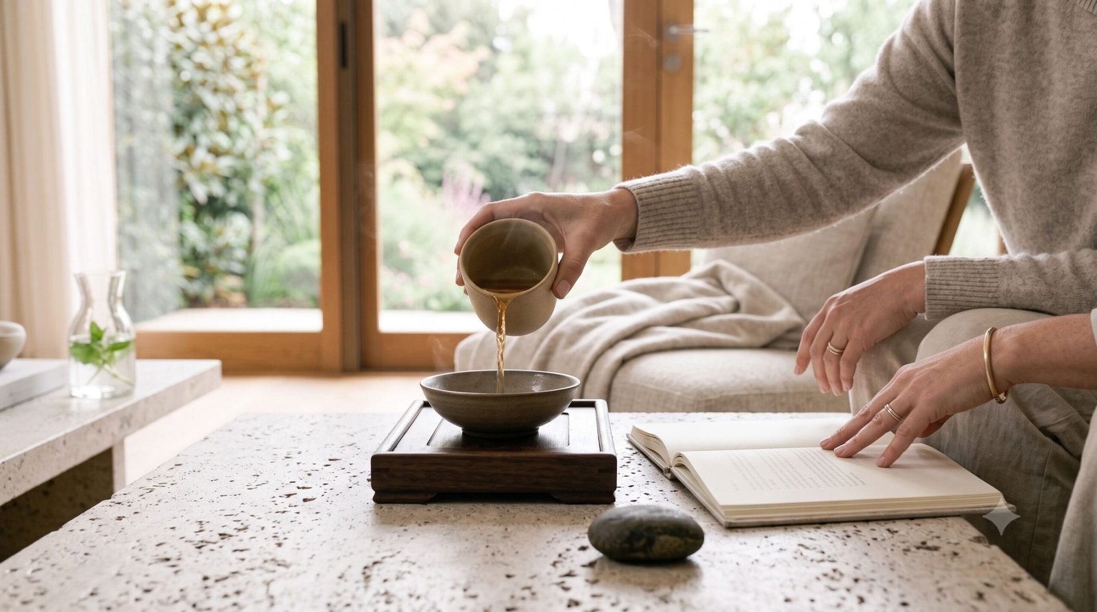 continue A calming tea ritual prepared as part of a personal wellbeing routine.