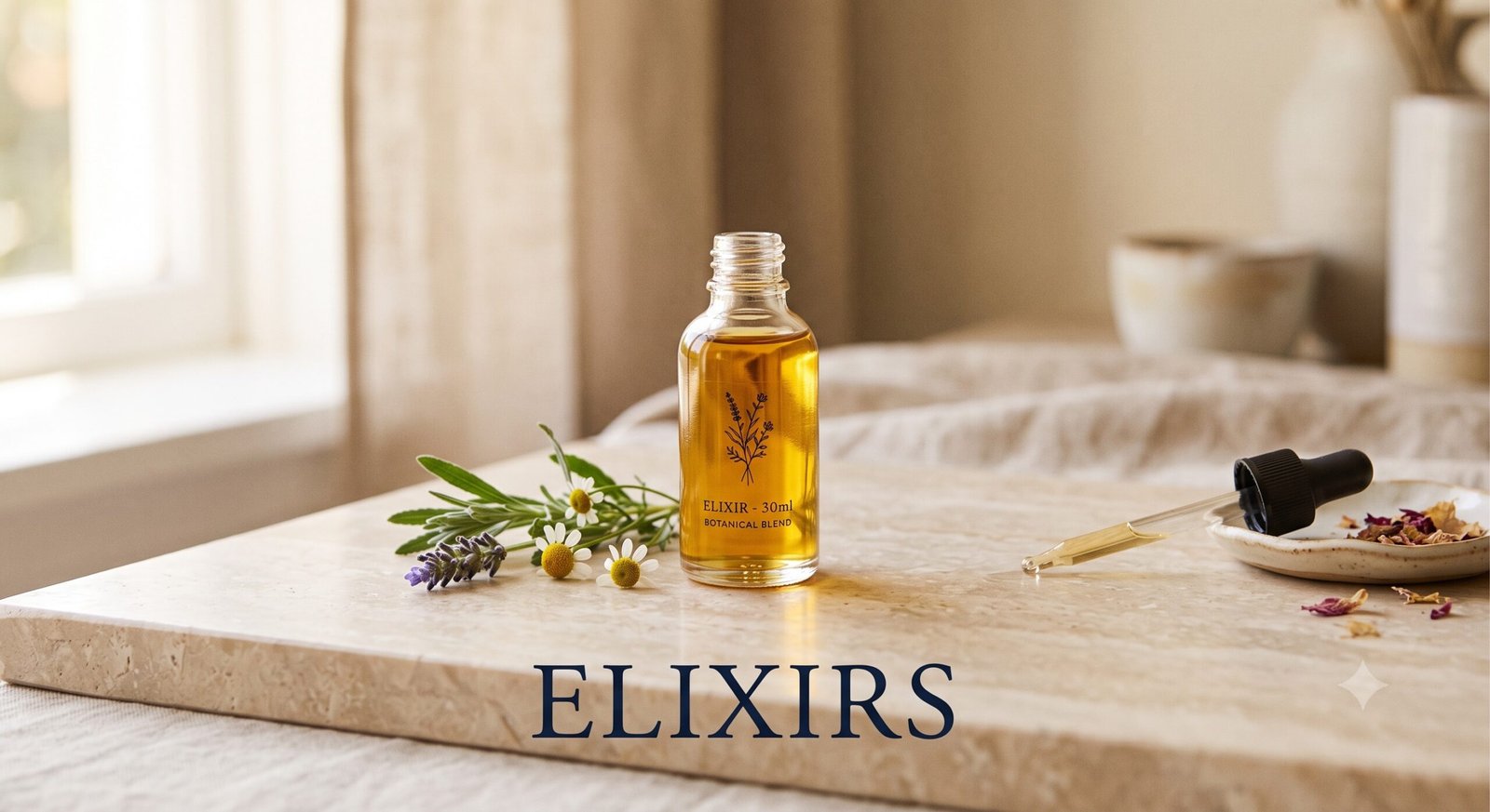 Minimalist wellness still life with a small glass elixir bottle on a stone surface, surrounded by subtle botanicals, with the word ‘Elixirs’ in refined serif text at the bottom.