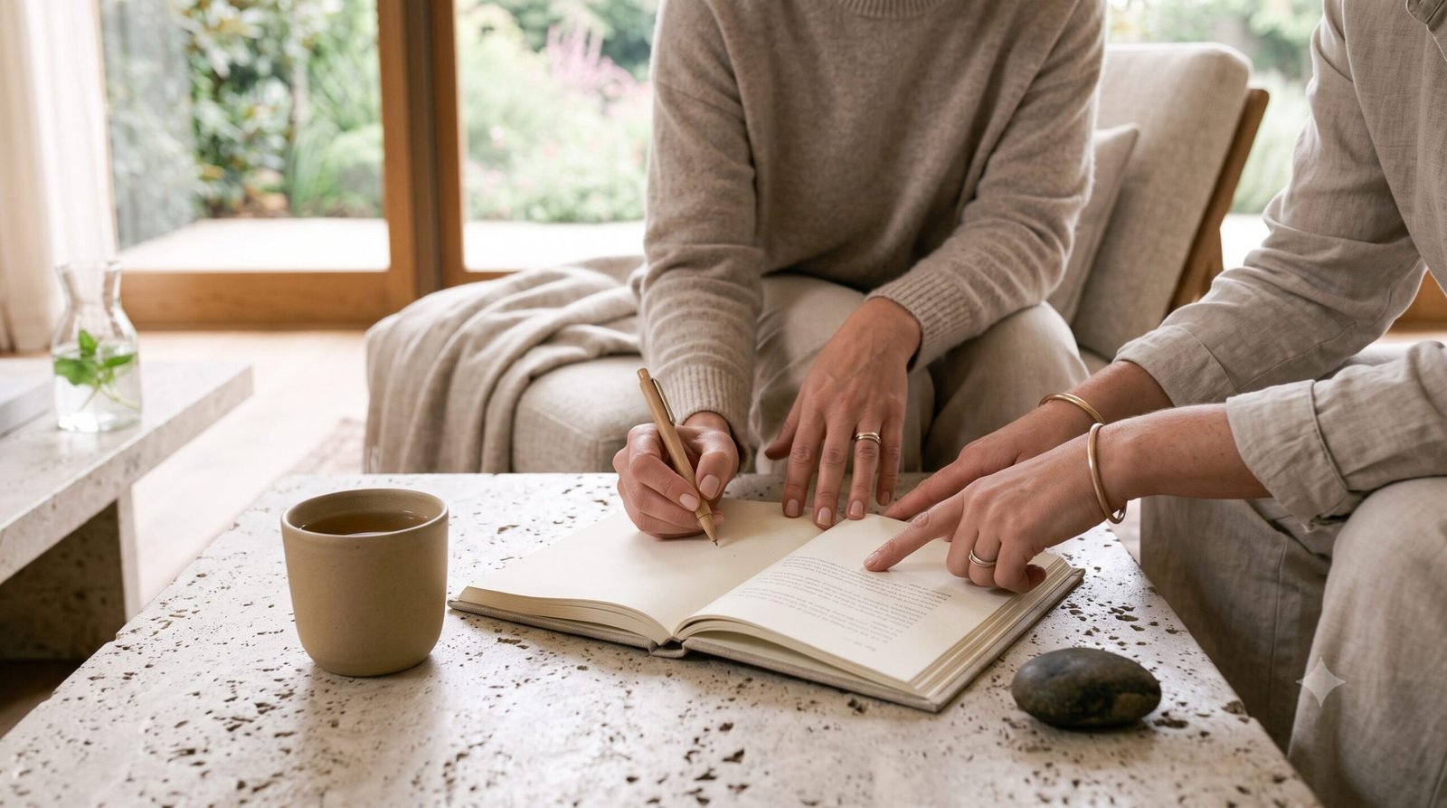 explore A private wellbeing conversation with a notebook and tea in a refined lounge.