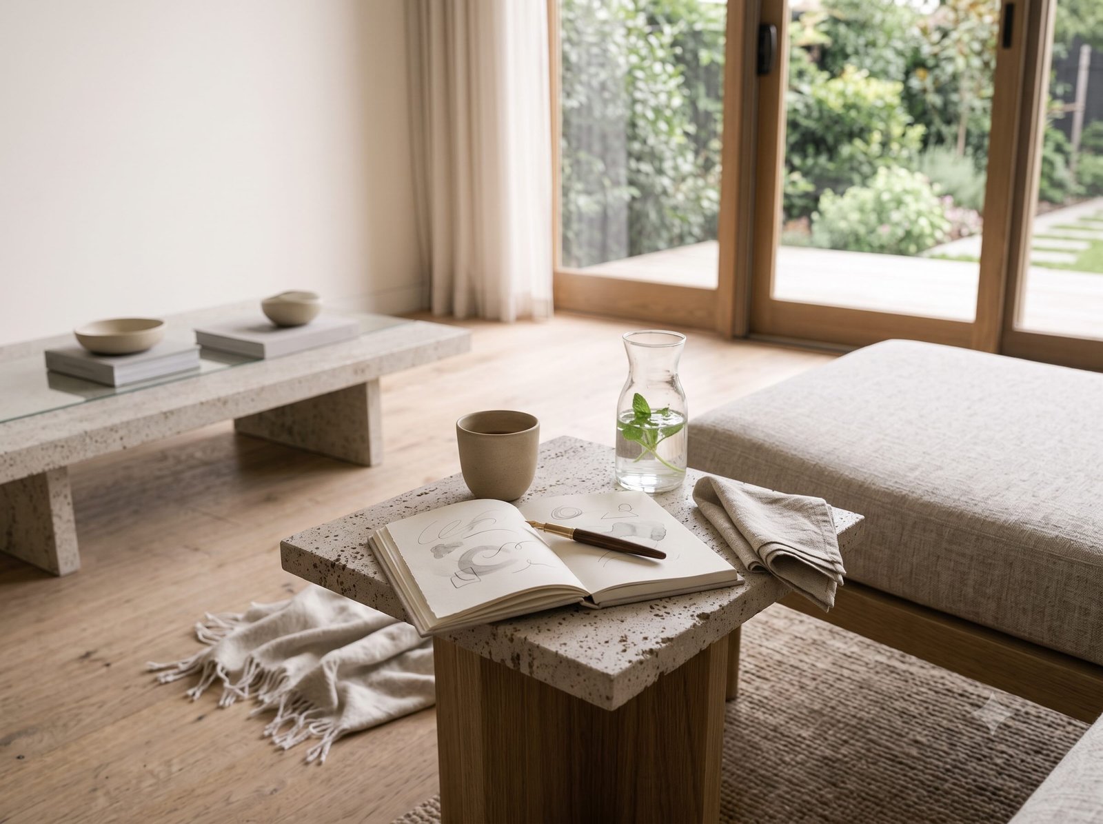 prana-prive-build-a-personal-rhythm A notebook, tea and water arranged for a quiet, considered daily wellbeing ritual.