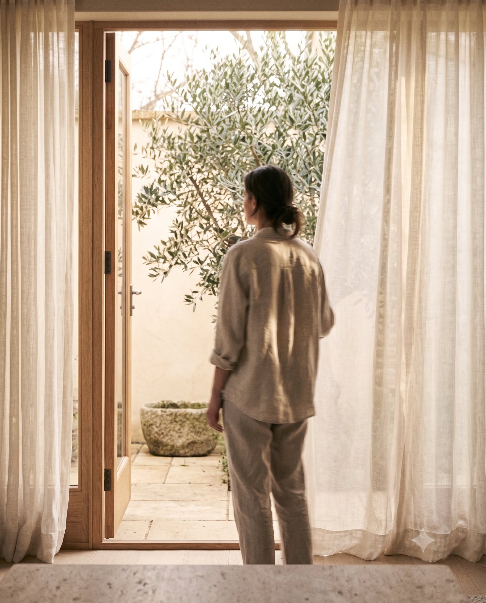 A guest looking from a private wellbeing space toward a sunlit courtyard.