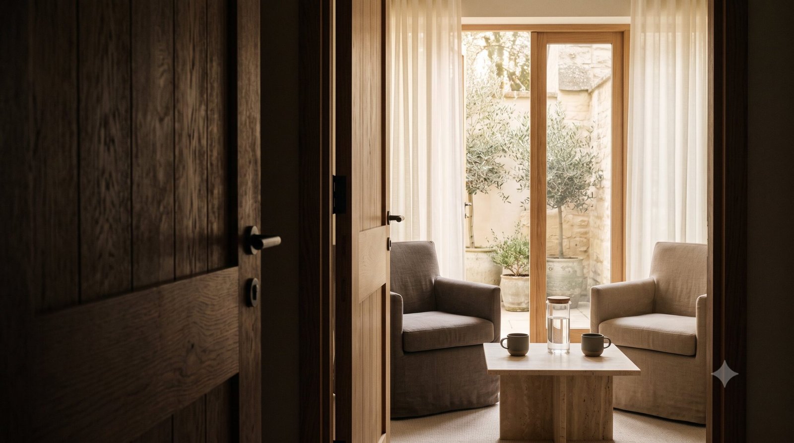 An open doorway leading into a quiet private wellbeing lounge.