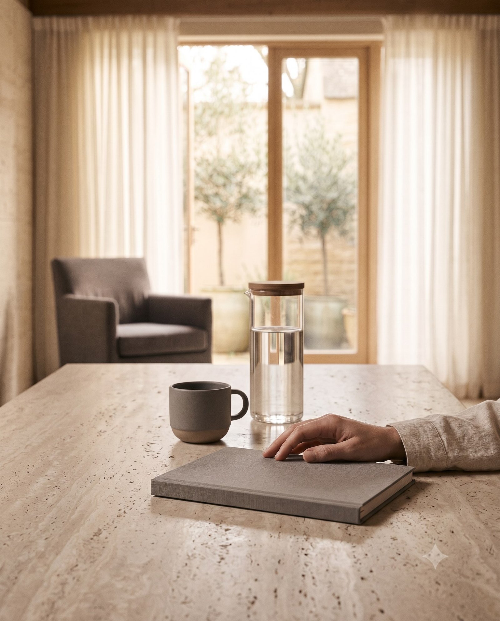 A hand beside a notebook, tea and water at the start of a private enquiry.