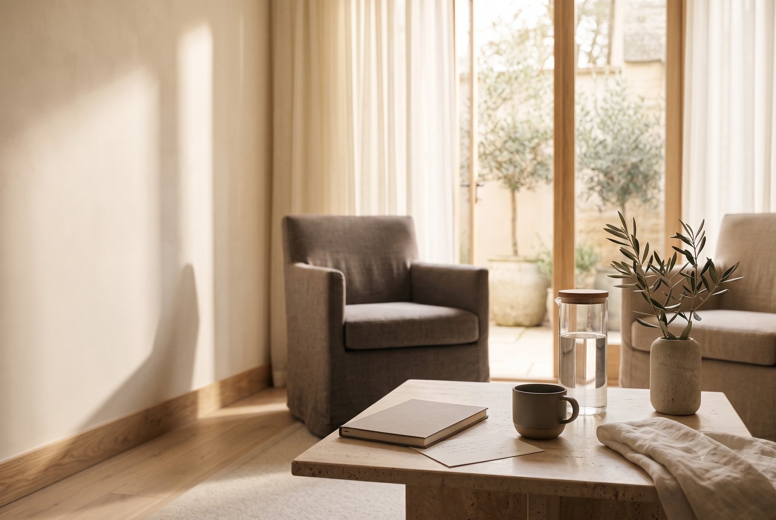 A quiet wellbeing lounge table with tea, water and a notebook prepared for a private conversation.