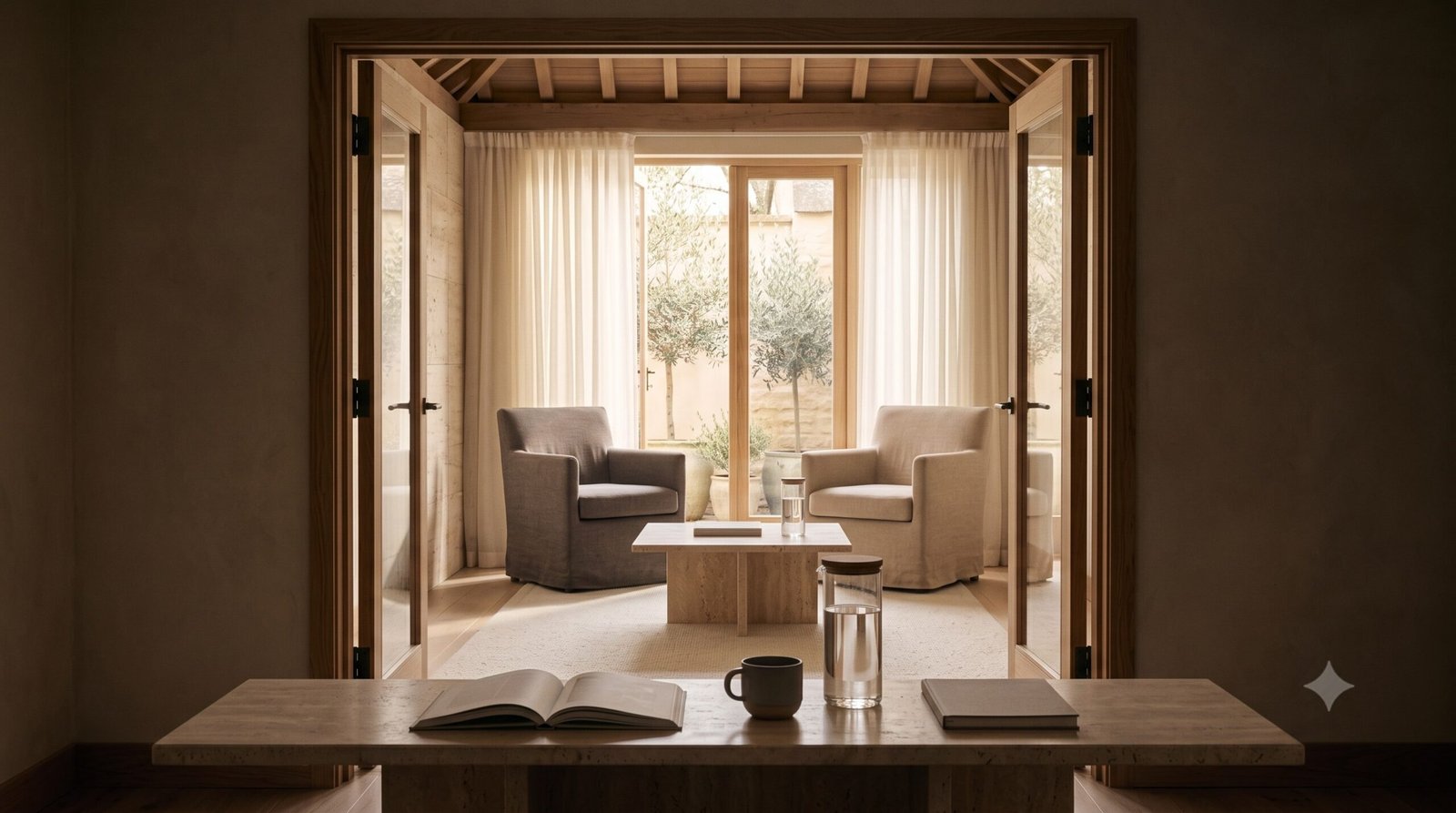 An open doorway leading from a quiet entrance space to a private wellbeing lounge.