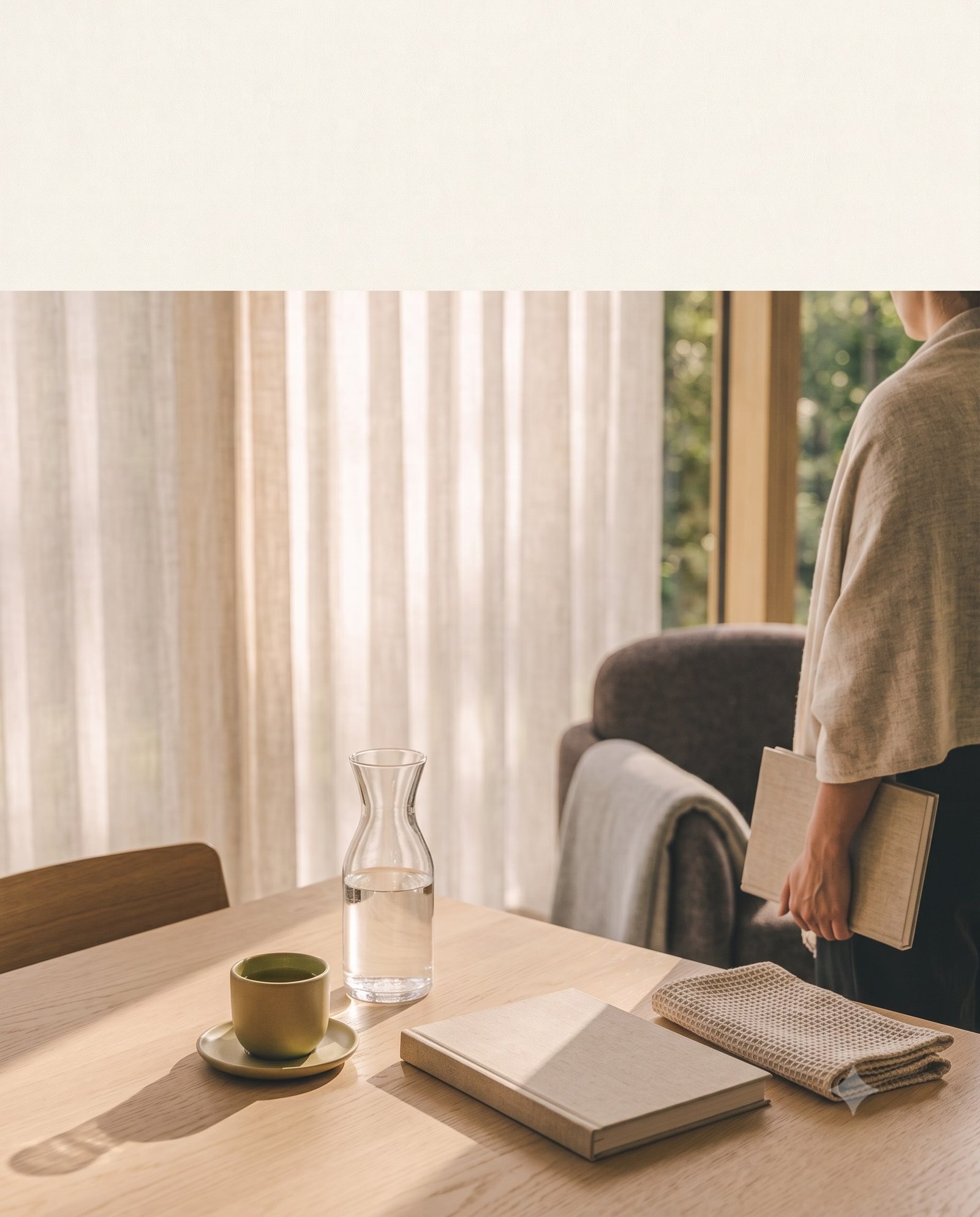 A person standing beside a lounge chair with a notebook after a private wellbeing consultation.