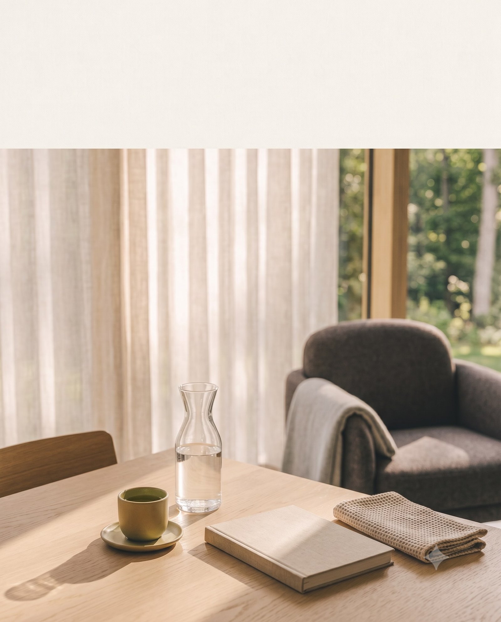 Tea, water and a notebook in a quiet setting, representing a wellbeing rhythm that fits daily life.