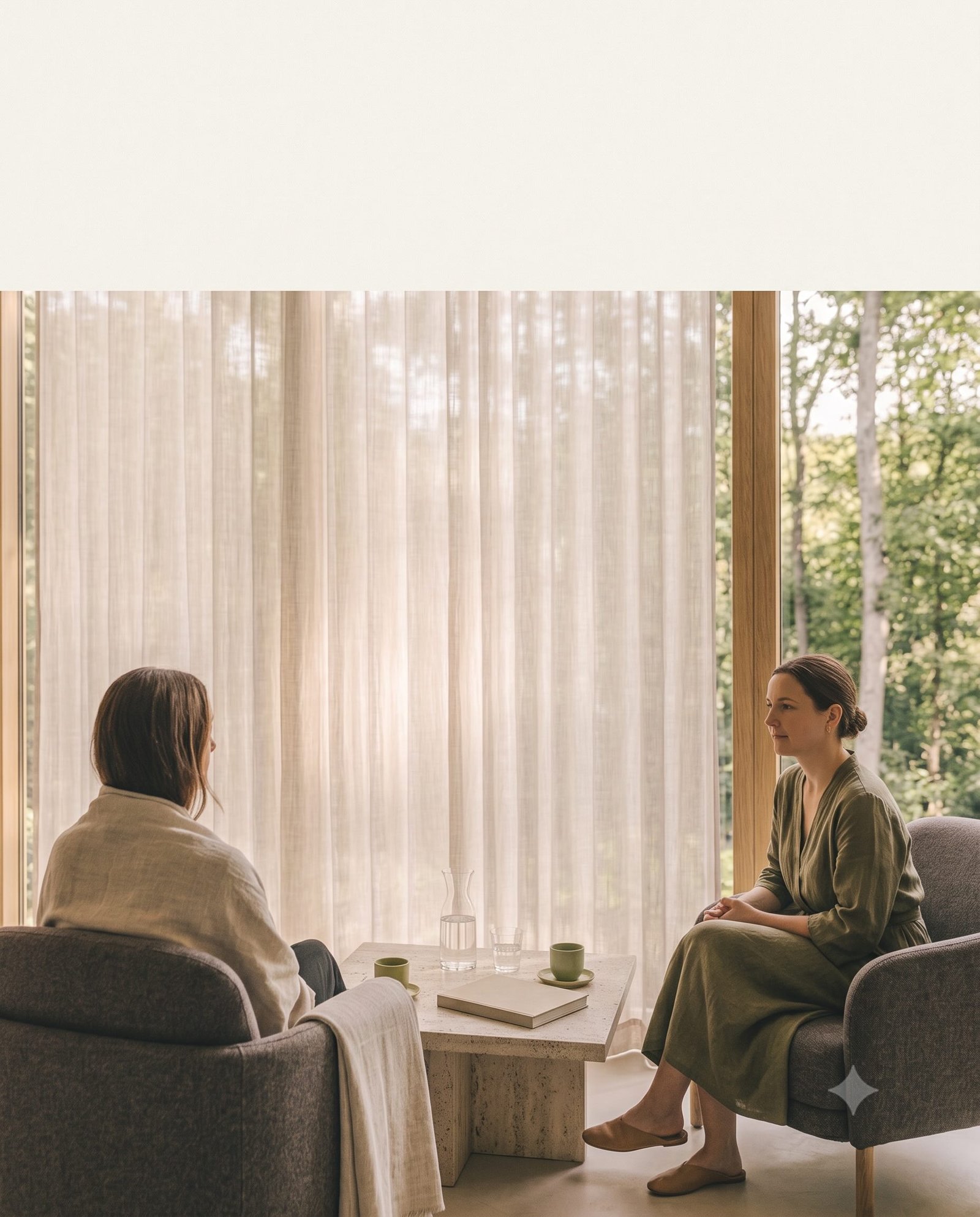 A private wellbeing conversation over tea in a calm, light-filled lounge.
