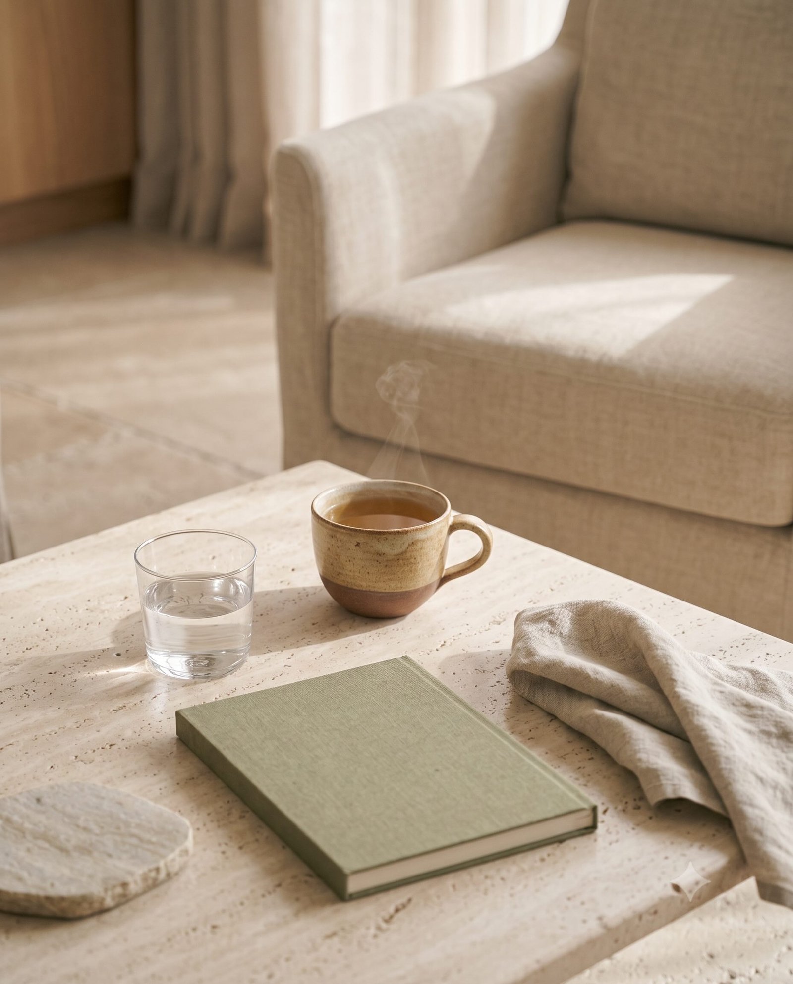 Tea, water, linen and a notebook arranged for a private wellbeing consultation.