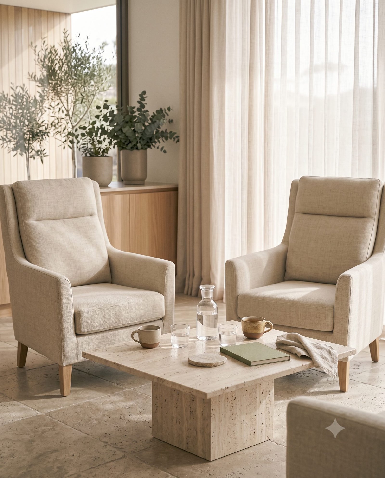 Two chairs and tea prepared for an open private wellbeing conversation.
