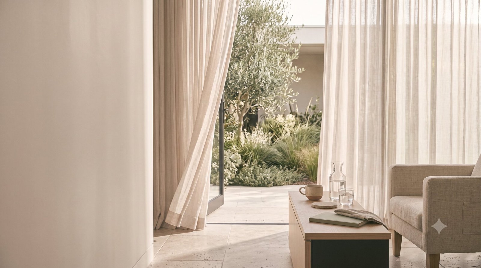 An open doorway from a private wellbeing space leading to a sunlit courtyard.